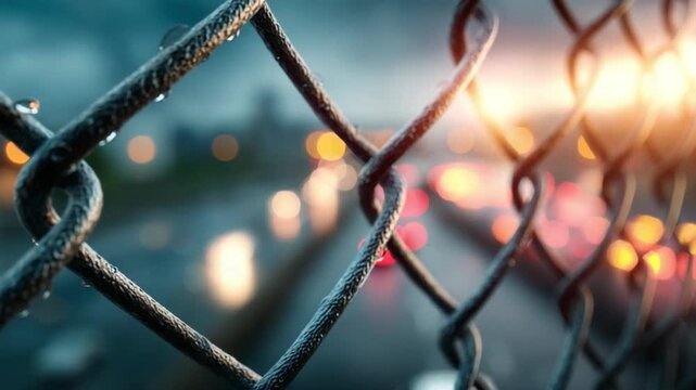 Behind the Chain: A gritty macro shot reveals the intricate details of a chain-link fence, its weathered surface contrasting against a blurred, atmospheric backdrop of city lights and passing traffic.