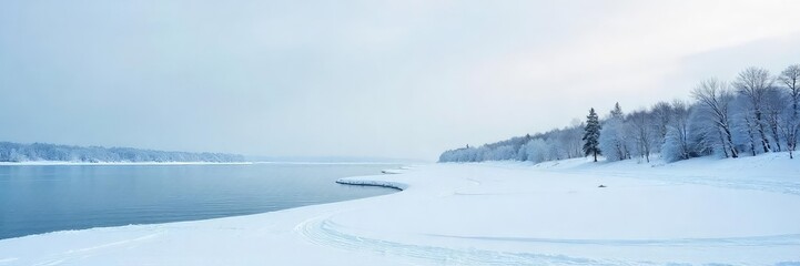 Fototapeta premium Stark Winter Landscape Frozen Lake and Snow-Covered Trees Under a Pale Sky, Evoking Isolation and Intense Cold. A Breathtaking Scene of Untamed Natures Beauty.