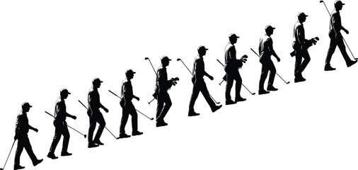 Silhouette sequence of person walking uphill with golf club, symbolizing motion, sport, and personal journey