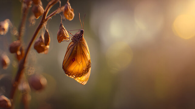 Close-up of a monarch butterfly chrysalis glowing in golden light, symbol of rebirth and transformation. Macro aesthetics.