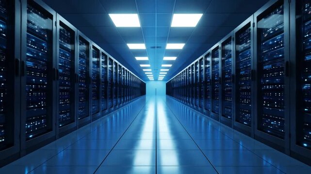 Long, shiny, symmetrical server room