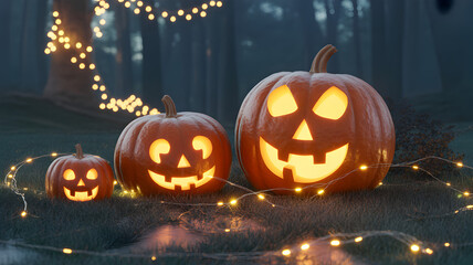 Three illuminated jackolanterns in a forest setting for halloween night