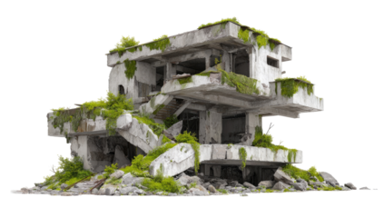 Ruined concrete structure overgrown with moss.  Decayed multi-story building on rocky terrain