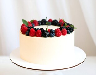 Round, white cake adorned with a ring of fresh raspberries, blackberries, and blueberries