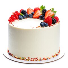 Round, single-layer cake with cream frosting, decorated with a colorful assortment of fresh berries and sprinkles