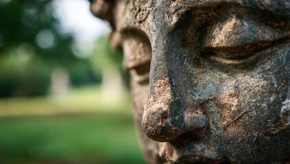 Weathered stone sculpture face, serene expression, outdoor setting