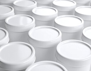 Rows of uniform, sealed white cylindrical containers