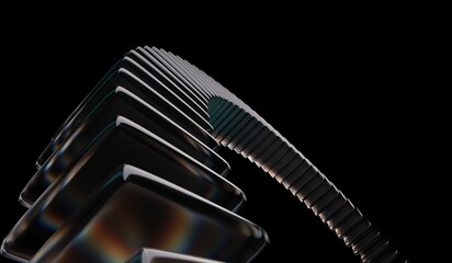 Abstract black 3D background with glass dispersion holographic and closeup of connected crystal rings with neon green white light texture. Futuristic digital tech background. 3D illustration