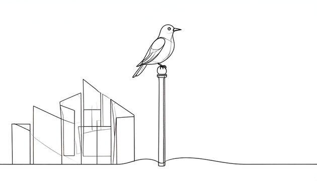 Bird on Pole with City Skyline. - Powered by Adobe