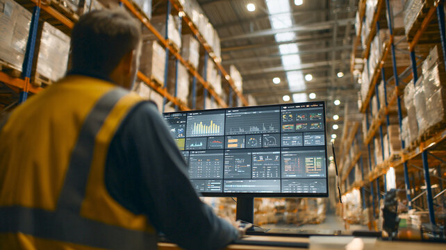 Warehouse worker managing logistics processes via computer monitors in industrial environment. - Powered by Adobe