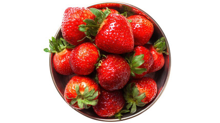 Freshly Picked Strawberries in Bowl: A flat lay of freshly picked strawberries in a bowl with vibrant red colors, isolated on a Transparent background, PNG file.