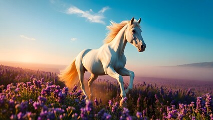 A white horse galloping through a field of lavender flowers under a bright blue and pink sky at sunset