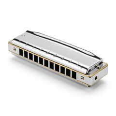 Polished Silver Harmonica with Golden Accents and Embossed Design Detail