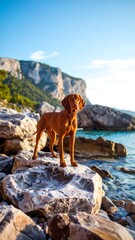 Dog on rocks by the sea