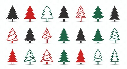 Obraz premium Christmas tree icons in various colors and styles