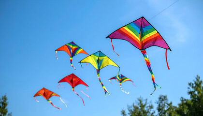 Colorful kites fly summer sky.