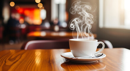 Aromatic coffee in a white cup with steam on a wooden table