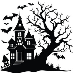 Halloween hunted house Spooky silhouette with bats flying around on halloween night
