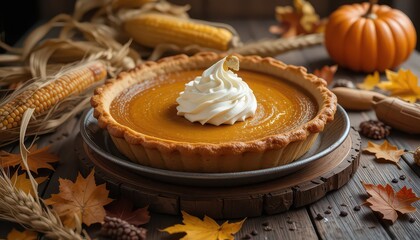 A pumpkin pie with whipped cream on a wooden surface surrounded by autumn harvest decorations