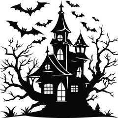 Halloween hunted house Spooky silhouette with bats flying around on halloween night
