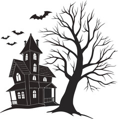 Halloween hunted house Spooky silhouette with bats flying around on halloween night

