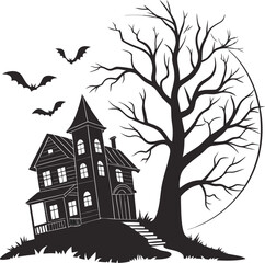Halloween hunted house Spooky silhouette with bats flying around on halloween night
