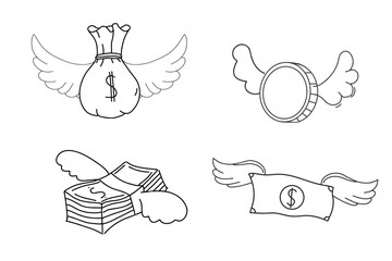 Money with wings doodle, set coin, banknote and money bag sketch hand drawn. Cute funny concept, simple icon.