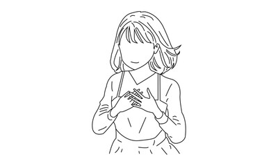 Minimalist Line Drawing of a Woman with Clasped Hands in Monochrome Style