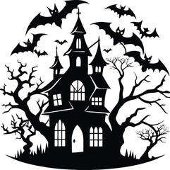 Halloween hunted house Spooky silhouette with bats flying around on halloween night
