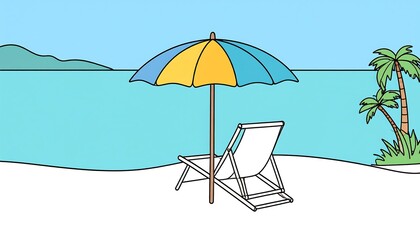 Serene beach scene with a lounge chair under a vibrant umbrella
