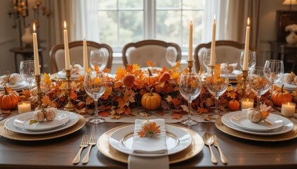 A thanksgiving table setting with pumpkins leaves candles and elegant dinnerware in a bright dining room