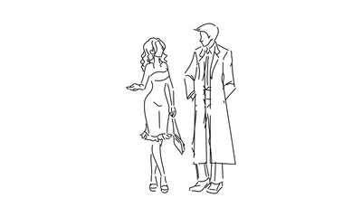 Minimalist Line Drawing of a Stylish Couple in Conversation