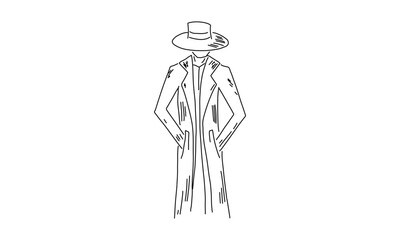 Minimalist Line Drawing of a Person in a Trench Coat and Hat