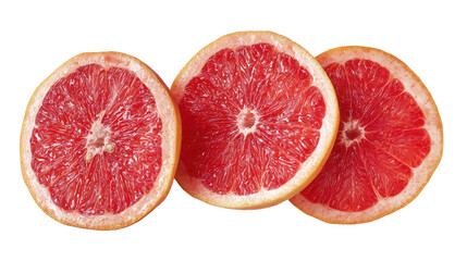 Freshly Sliced Grapefruit: A flat lay of freshly sliced grapefruit with vibrant red and pink sections, isolated on a Transparent background, PNG file.