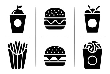 Black and white icons of fast food items: burgers, fries, and drinks