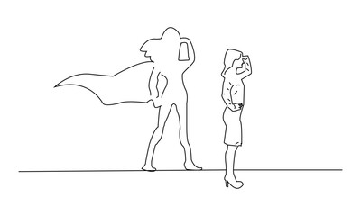 Minimalist Line Drawing of a Woman with Superhero Silhouette – Symbolic Illustration of Empowerment and Inner Strength