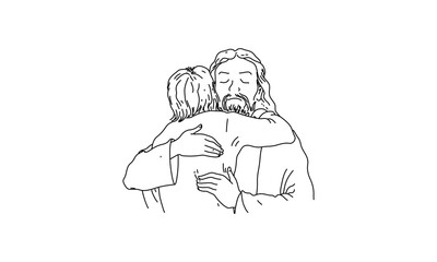 Minimalist Line Drawing of Two People Embracing – Black and White Illustration of a Hug