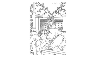 Fototapeta premium Couple Relaxing on Park Bench Line Art with Nature Elements