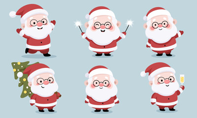 A set of flat vector Christmas illustrations. Cute Santa Clauses in different poses. Vector illustration