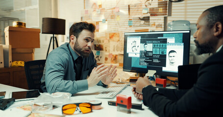 Man, collaboration and investigation with fingerprints for crime scene, evidence screen or trace of...