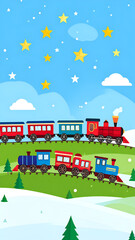 Naklejka premium Colorful Train on Snowy Hill.