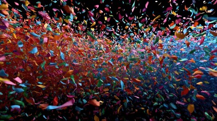 Colorful confetti swirling in a dark void