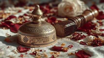 Ritual bell surrounded by dried flowers high resolution image