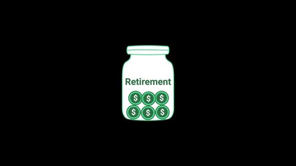 Retirement savings jar with coins falling animation. Future planning concept for pension funds, 401k contributions, and senior financial security.