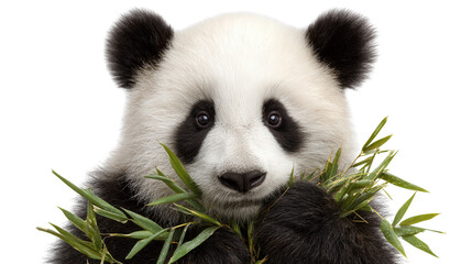 Obraz premium Giant Panda Eating Bamboo: A giant panda munching on bamboo in its natural habitat, isolated on a Transparent background, PNG file.