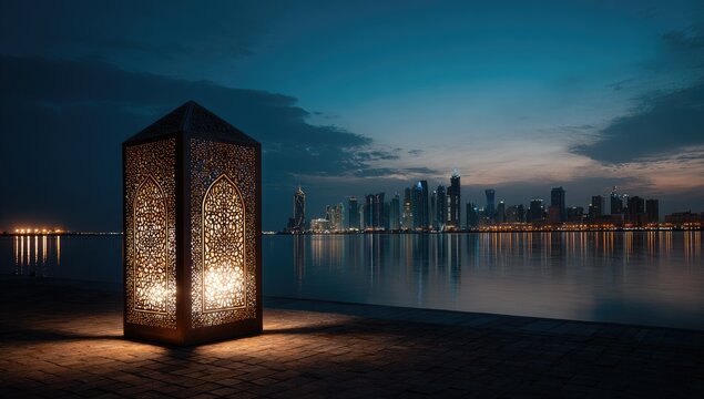 Illuminated lantern near a city skyline reflecting on calm water at dusk