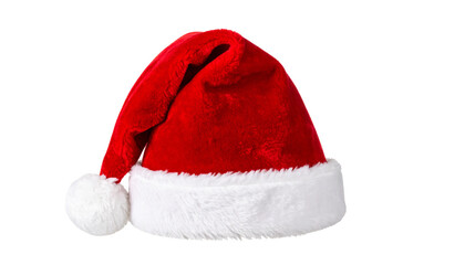 Santa Claus hat in red velvet with fluffy white trim, isolated on transparent background.