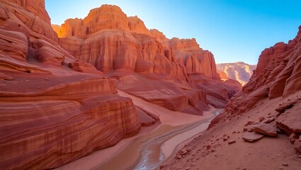 Dramatic red sandstone canyon with a winding dry riverbed under a bright blue sky