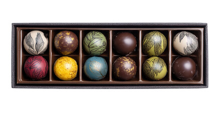 Obraz premium Gourmet Chocolate Boxes: A flat lay of gourmet chocolate boxes with beautifully wrapped truffles, isolated on a Transparent background, PNG file.