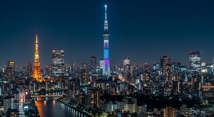 Tokyo's Illuminated Skyline Tokyo Tower and Skytree at Night